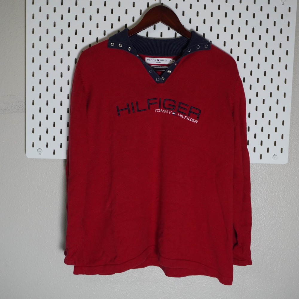 Tommy Hilfiger Womens 1X‎ Pullover Top Red Long Sleeve Sweater Logo Collared